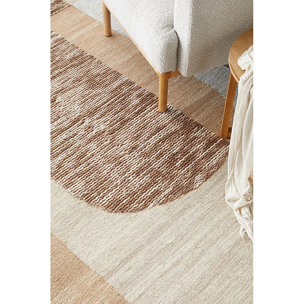 Summit Orb Toffee rug featuring striped textured pattern in toffee, cream and beige on beige background, machine-woven wool