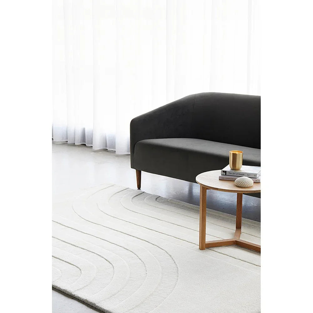 Summit Trail White rug featuring curved striped pattern in cream, ivory and light grey on white background, hand-tufted wool