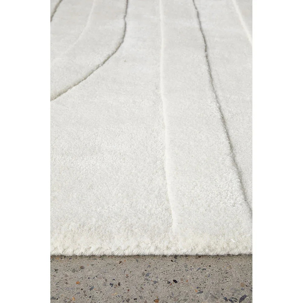 Summit Trail White rug featuring linear stripe pattern in cream and white on ivory background, hand-tufted wool