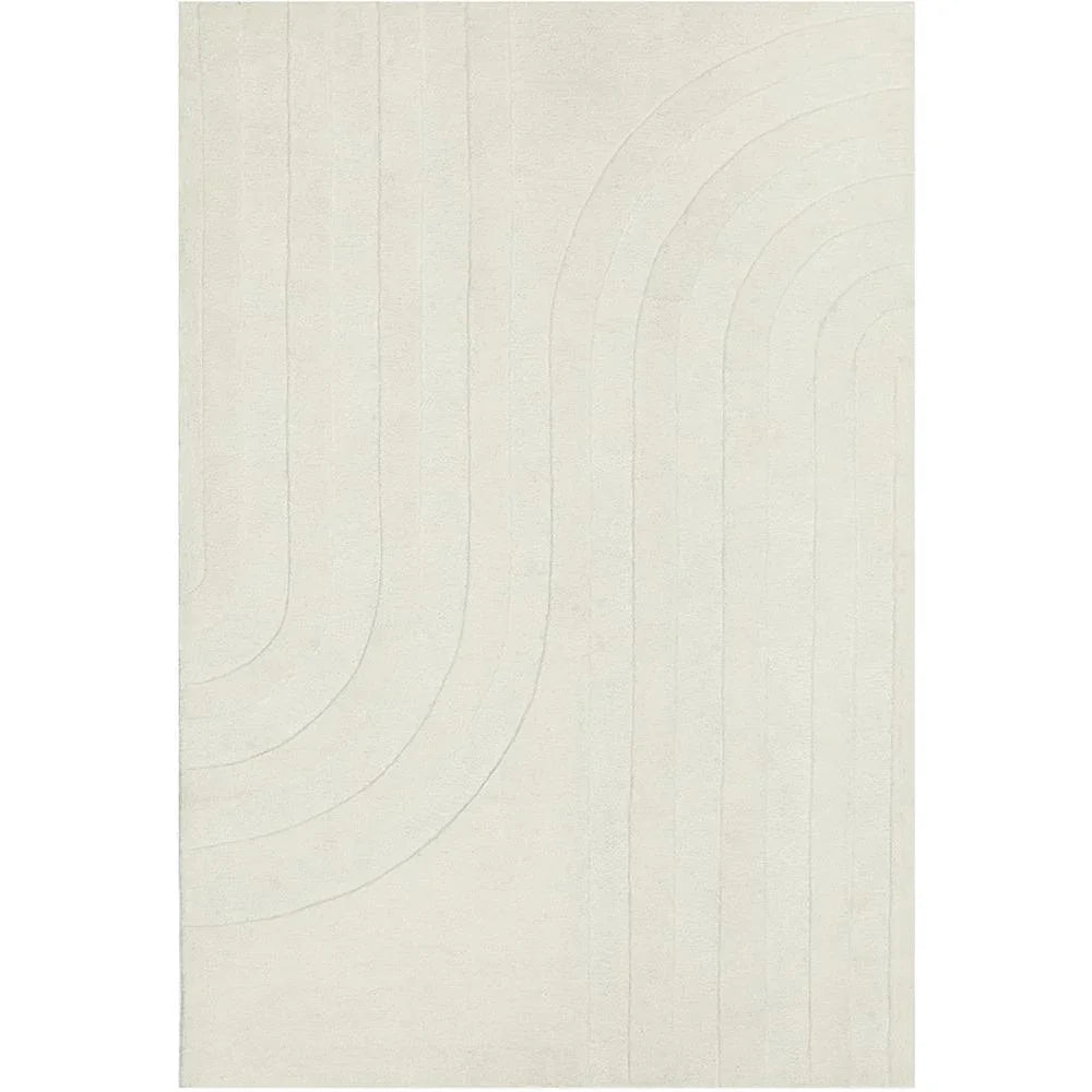 Summit Trail White rug featuring abstract curved line pattern in ivory and light grey on cream background, hand-tufted wool