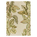 Sanderson Calathea Samphire Outdoor Rug featuring botanical leaf pattern in sage green, olive, cream on beige background, outdoor polypropylene