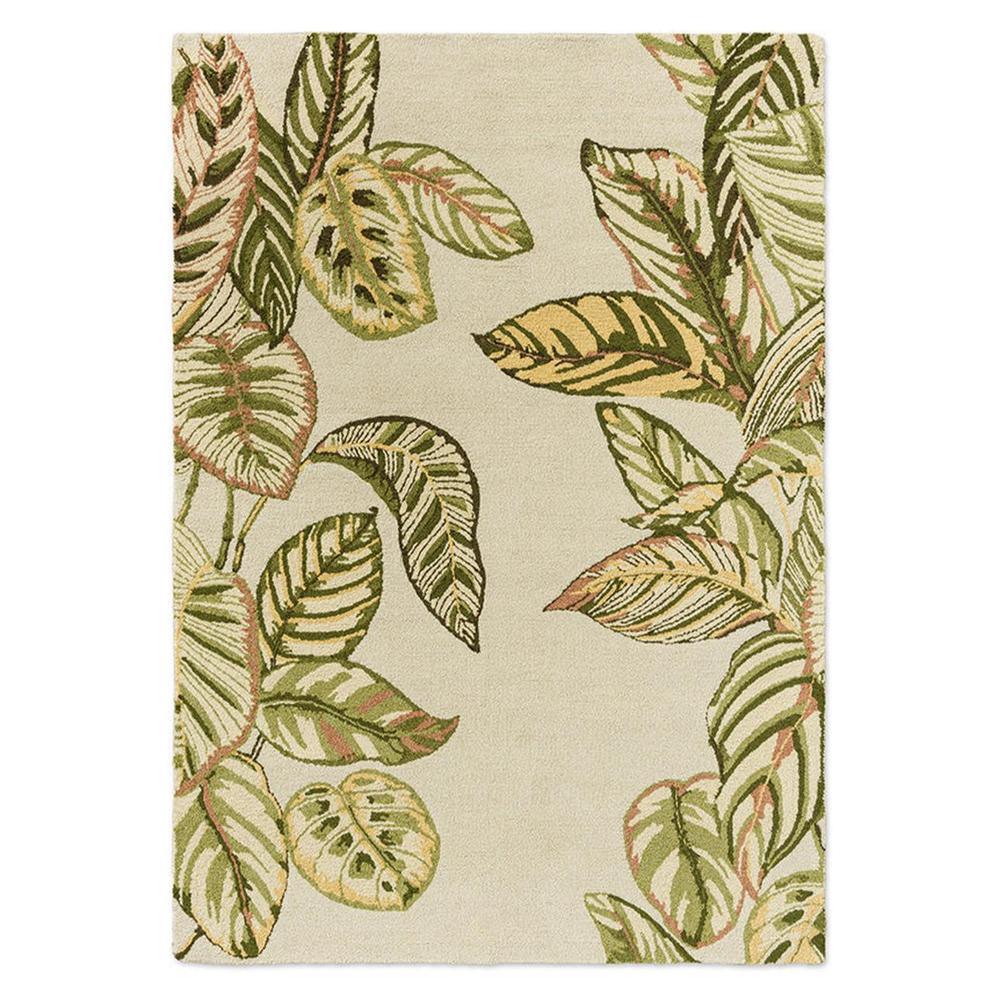Sanderson Calathea Samphire Outdoor Rug featuring botanical leaf pattern in sage green, olive, cream on beige background, outdoor polypropylene