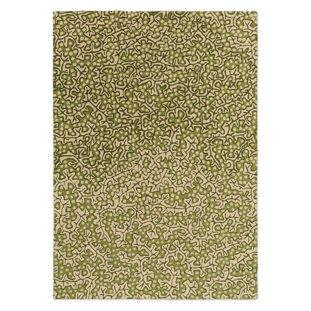 Sanderson Truffle Olive outdoor rug featuring abstract organic pattern in olive green and cream on beige, machine-woven polypropylene