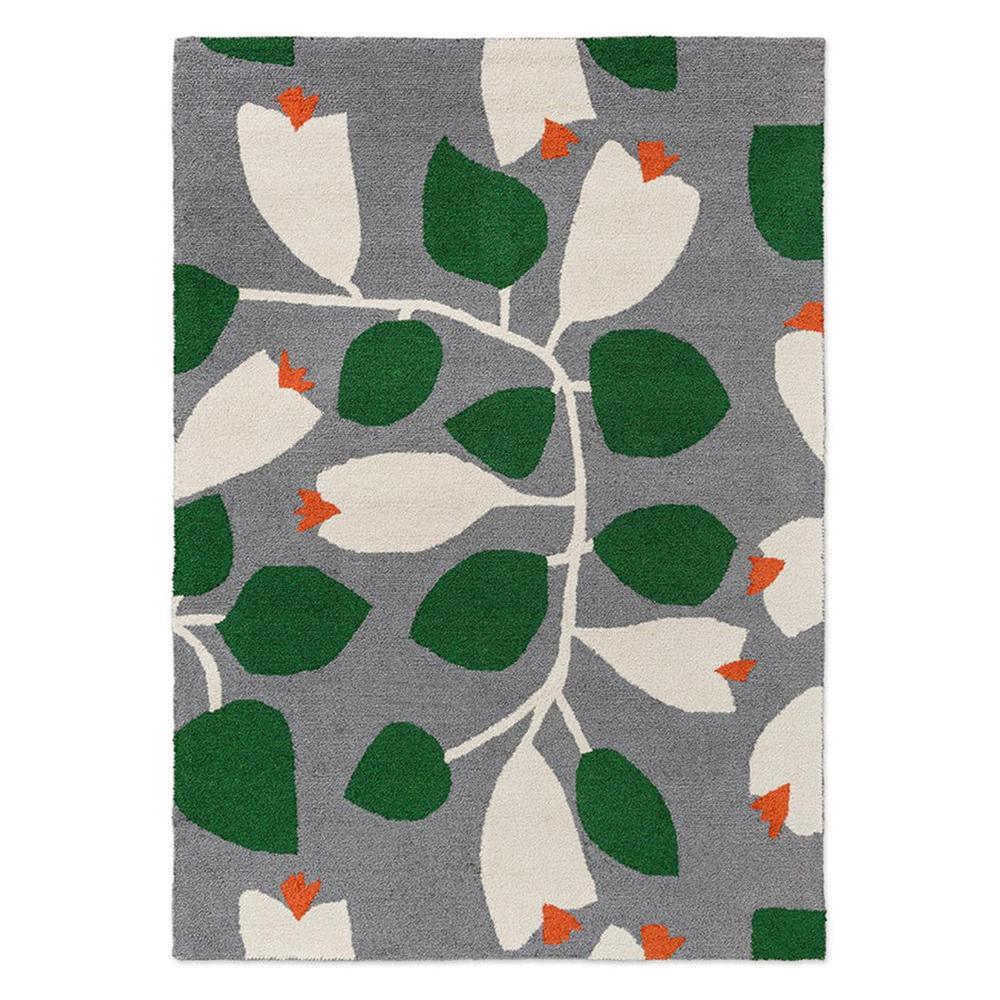 Scion Rosehip Blue Outdoor Rug featuring botanical leaf pattern in cream, emerald green and orange on grey background, power-loomed polypropylene