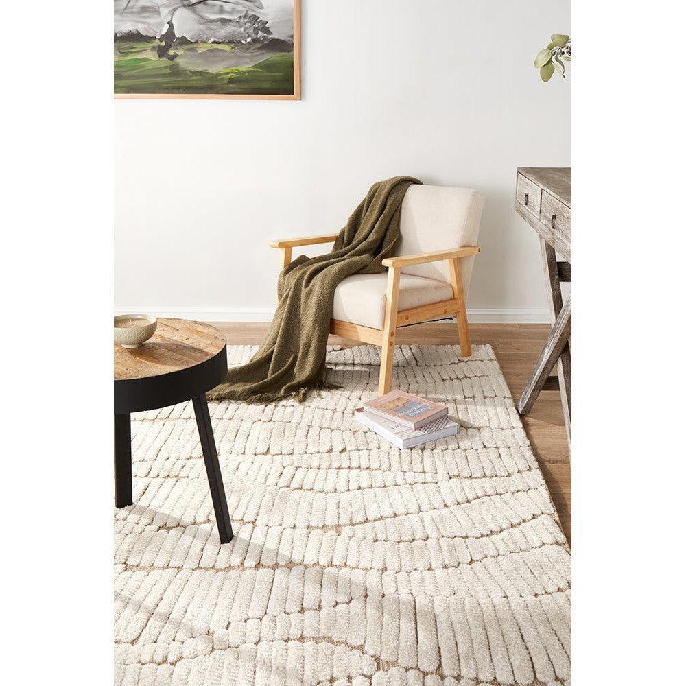 Villa Fossil Cream Rug featuring chunky textured geometric pattern in cream and ivory on beige background, hand-tufted wool