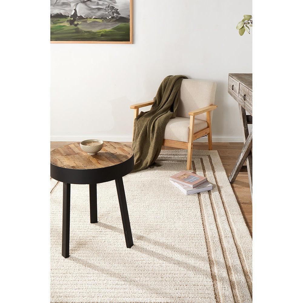 Villa Marin Snow Rug featuring striped textured pattern in cream, beige, taupe on white background, hand-tufted wool