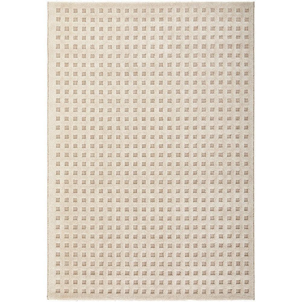Villa Raine Natural Rug featuring geometric grid pattern in cream, beige and taupe on ivory background, hand-tufted wool