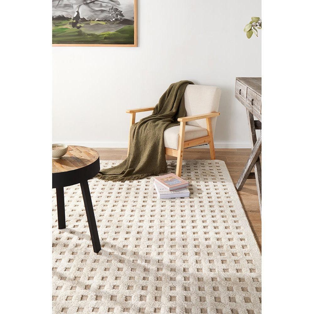 Villa Raine Natural Rug featuring grid pattern in cream, taupe and sand on ivory background, hand-tufted wool