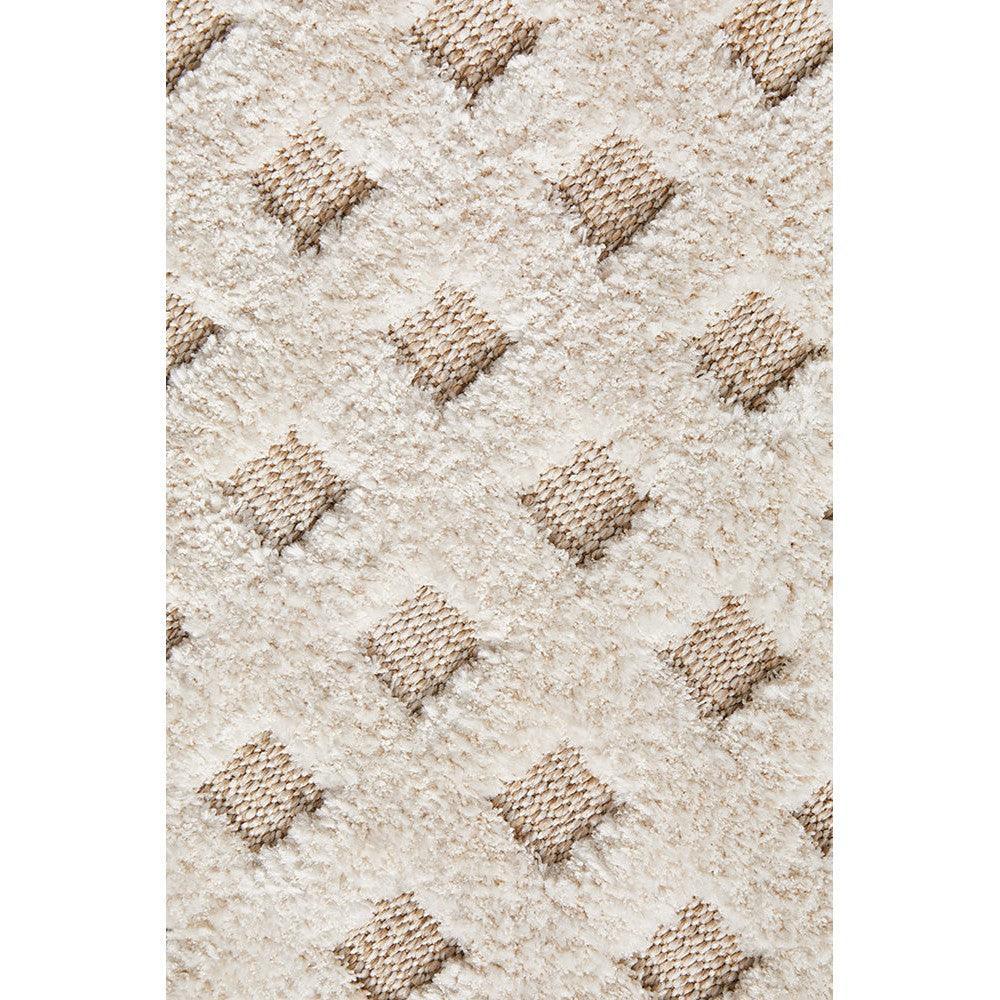 Villa Raine Natural Rug featuring geometric checkered pattern in cream and taupe on beige background, hand-tufted wool