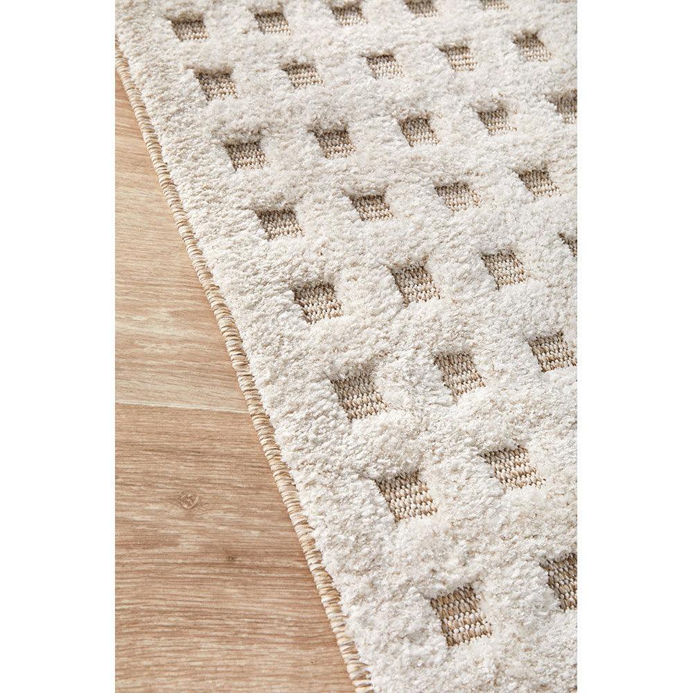 Villa Raine Natural Rug featuring checker square pattern in cream and taupe on beige background, hand-tufted wool
