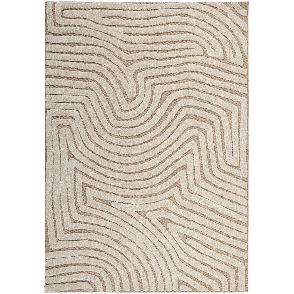 Villa Tani Beige Rug featuring organic wavy-line pattern in cream, beige and taupe on cream background, hand-tufted wool