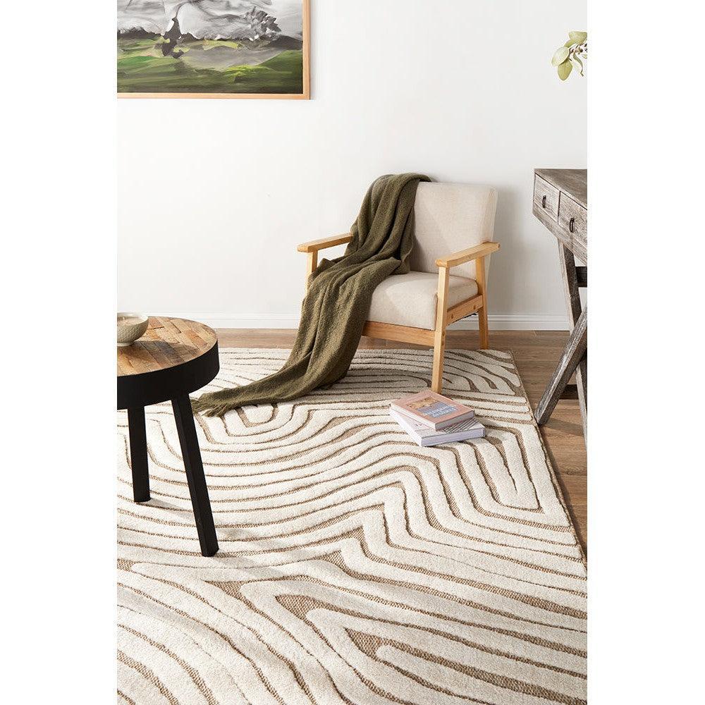 Villa Tani Beige Rug featuring abstract wavy stripe pattern in beige, cream and taupe on ivory background, hand-tufted wool