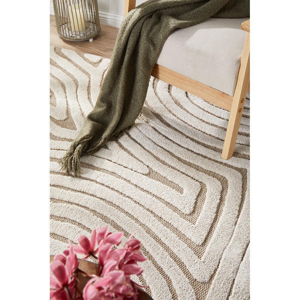 Villa Tani Beige Rug featuring organic wavy stripe pattern in taupe and cream on ivory backdrop, hand-tufted wool