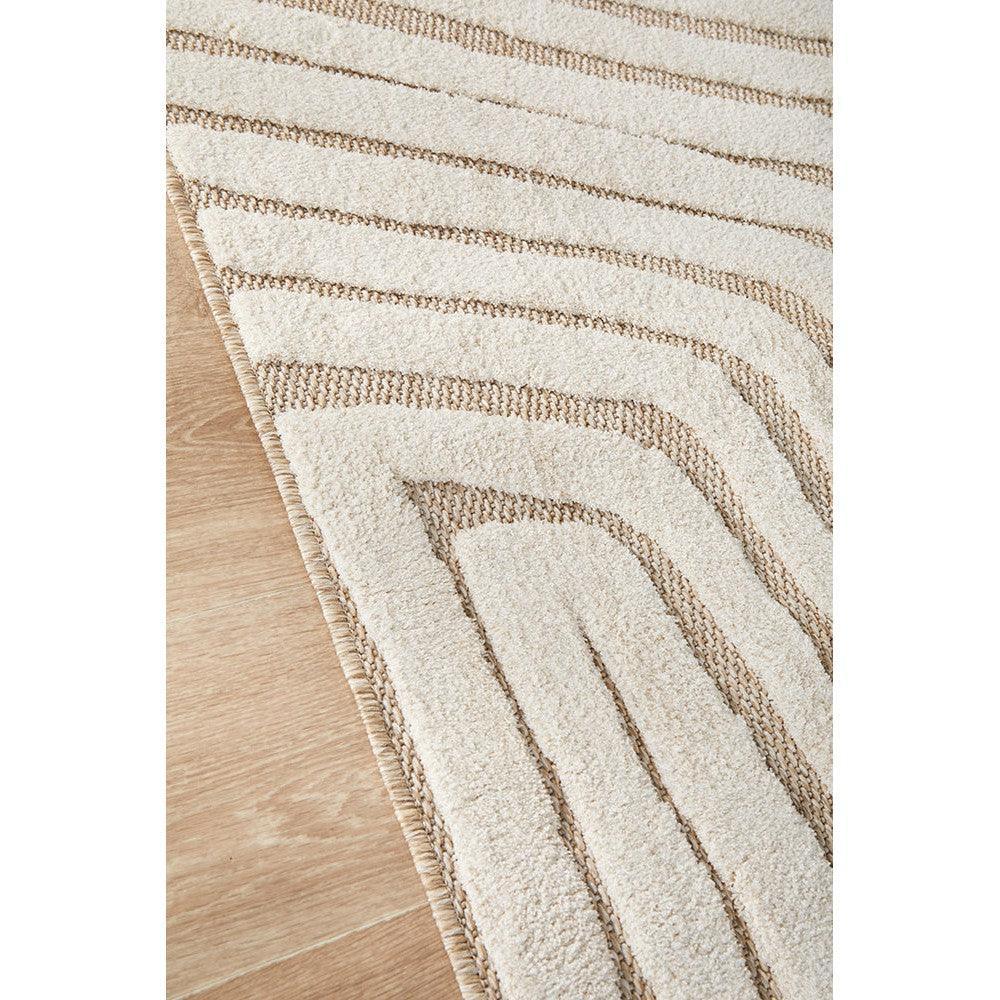 Villa Tani Beige Rug featuring striped organic pattern in cream, beige and taupe on wood floor, hand-tufted wool