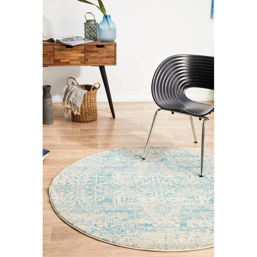 Evoke Glacier White Blue Transitional Round Rug - ICONIC RUGS