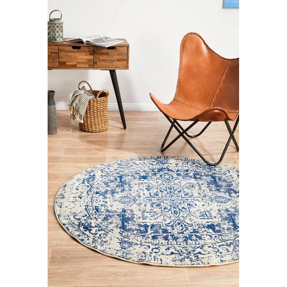 Evoke Horizon White Navy Transitional Round Rug - ICONIC RUGS