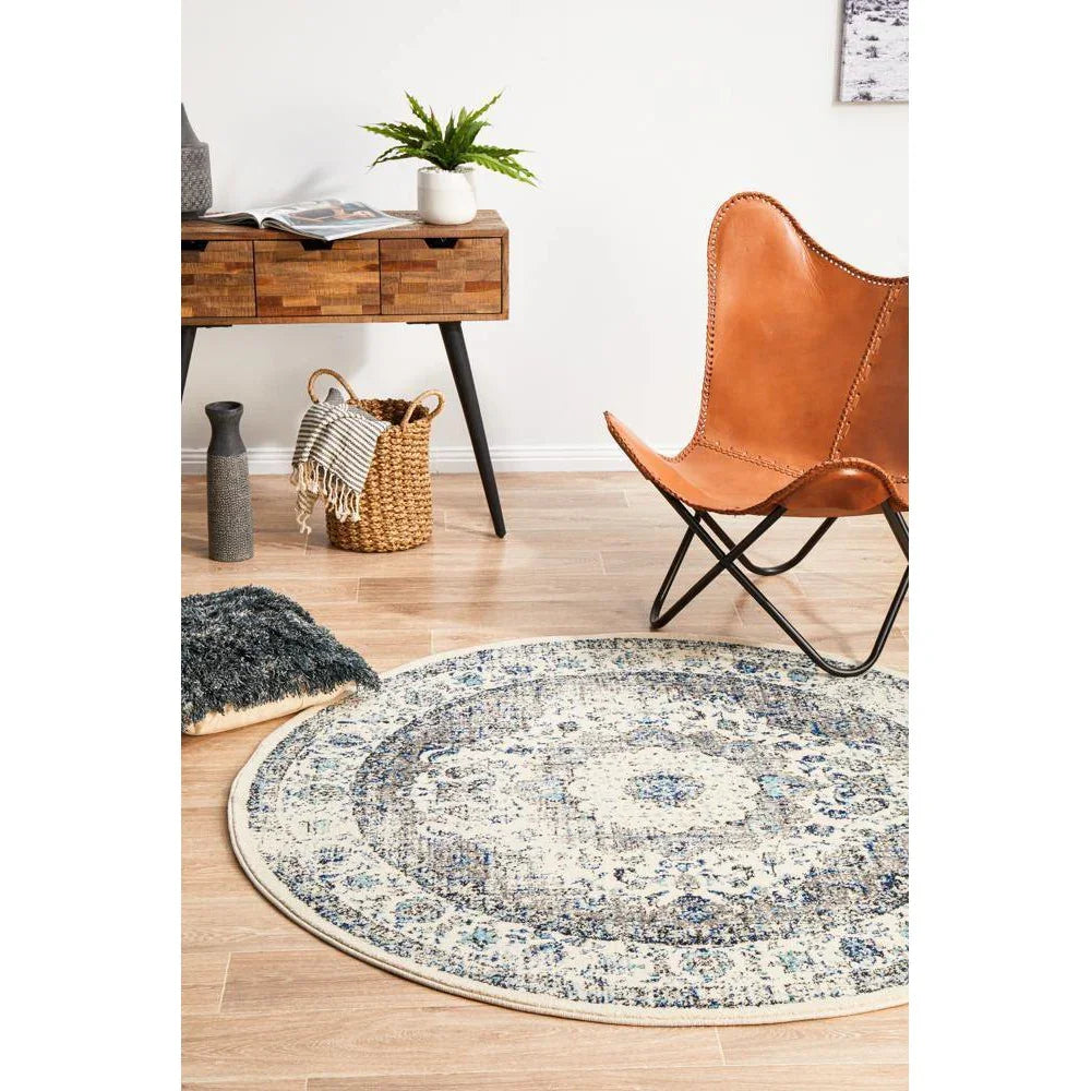 Evoke Mist White Transitional Round Rug - ICONIC RUGS