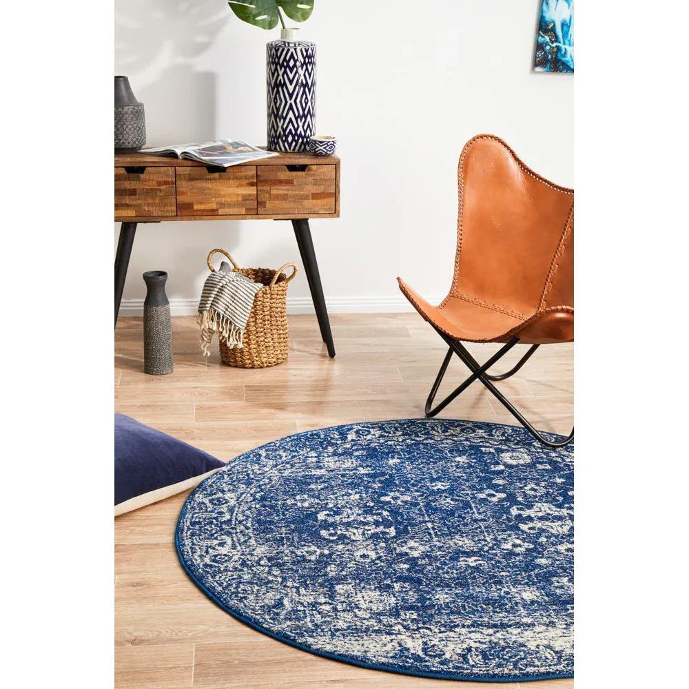 Evoke Oasis Navy Transitional Round Rug - ICONIC RUGS