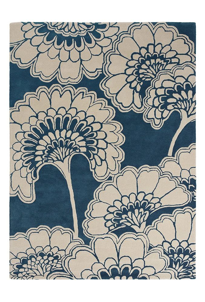 Florence Broadhurst Japanese Floral Midnight Pure Wool Designer Rug