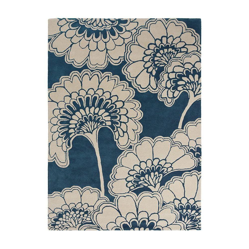Florence Broadhurst Japanese Floral Midnight Pure Wool Designer Rug