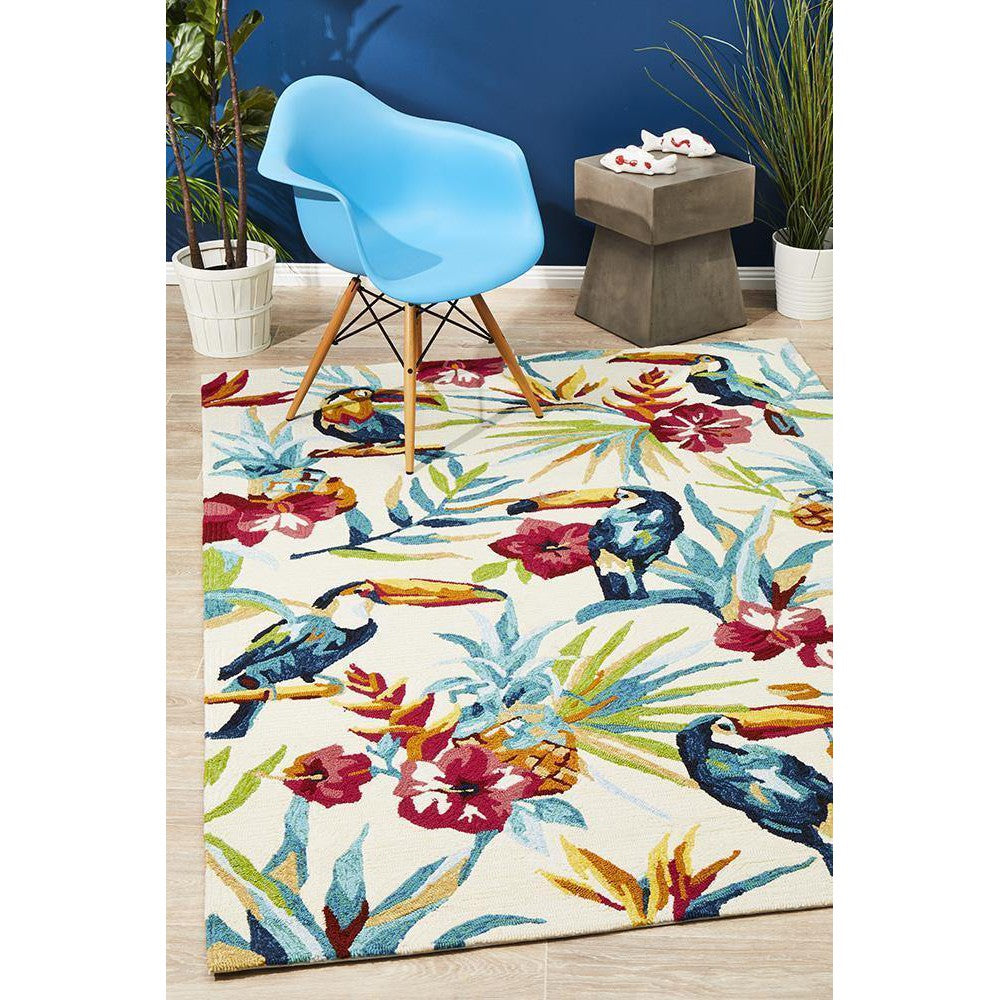 Rio Toucan Tropical Indoor Outdoor Rug Cream
