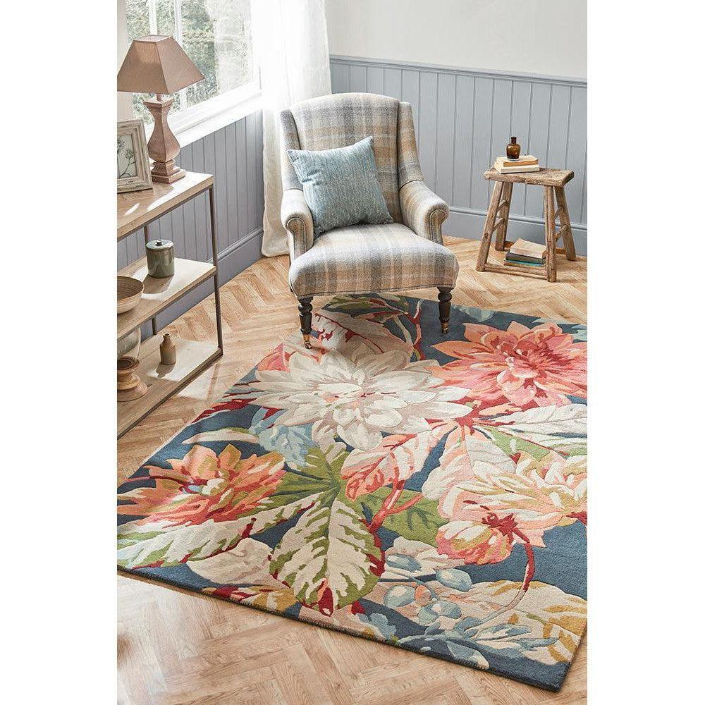 Sanderson Dahlia & Rosehip Teal Pure Wool Designer Rug