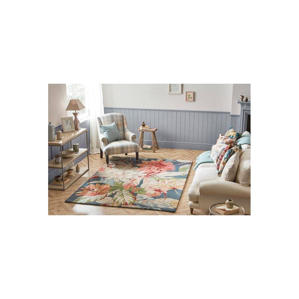 Sanderson Dahlia & Rosehip Teal Pure Wool Designer Rug