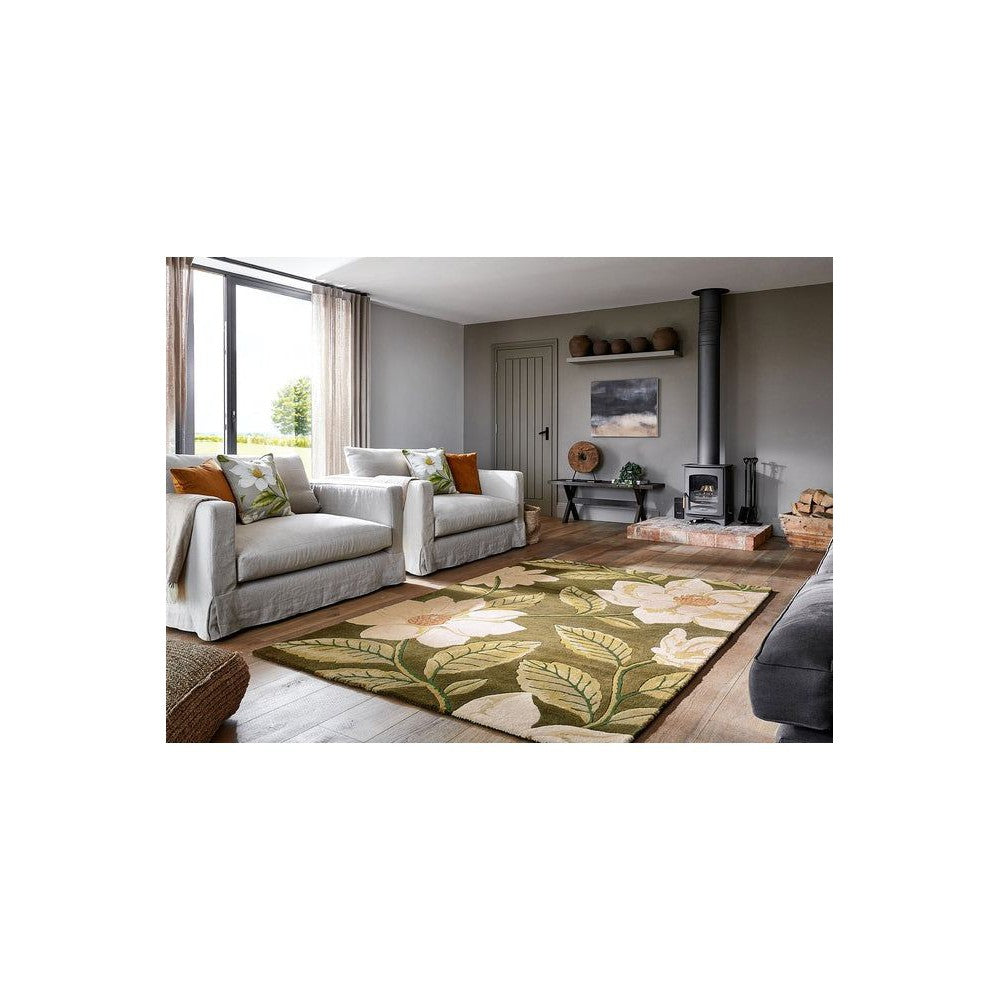 Sanderson Grandiflora Olive Pure Wool Designer Rug