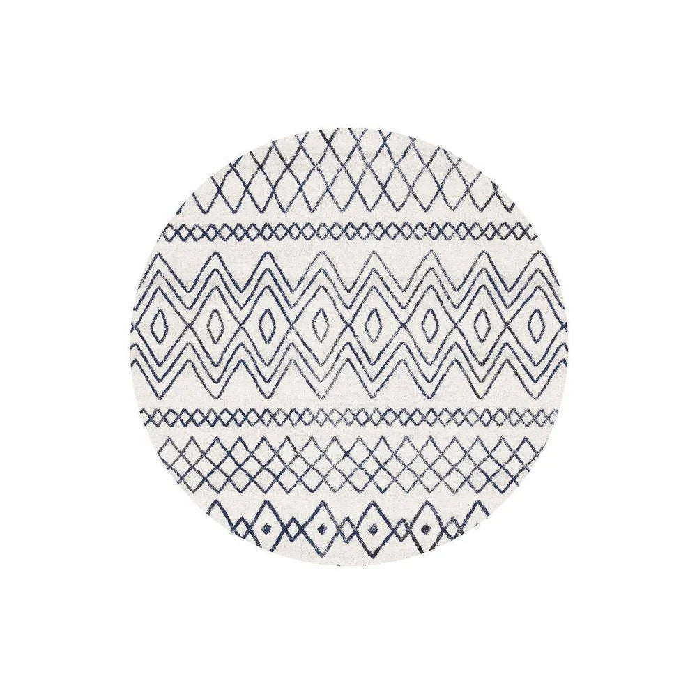 Oasis Nadia White Blue Rustic Tribal Round Rug