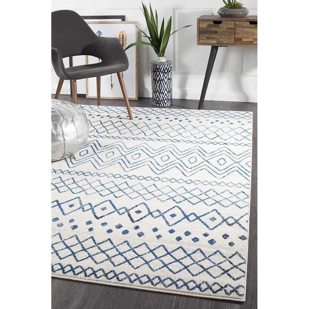 Oasis Nadia White Blue Rustic Tribal Rug