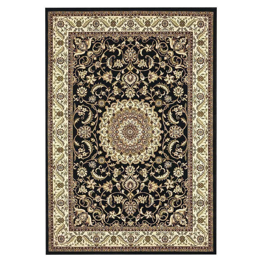 Sydney Collection Medallion Rug Black With Ivory Border
