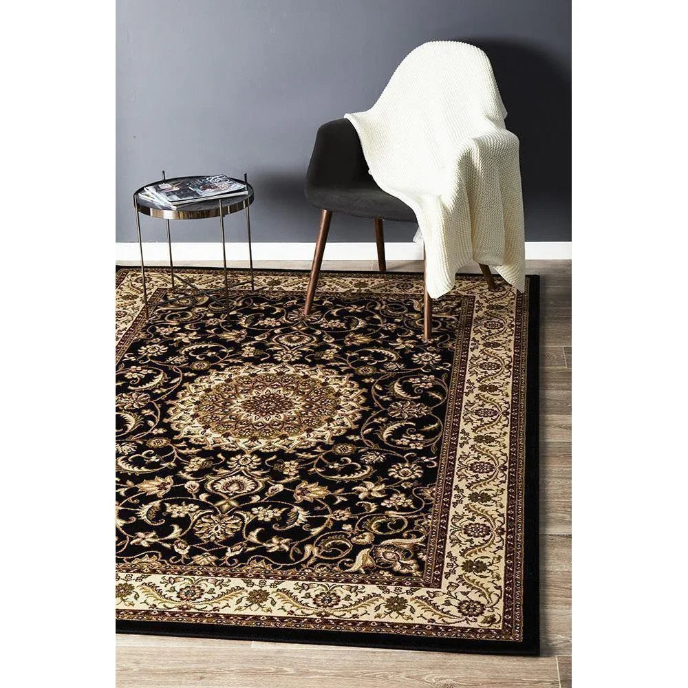 Sydney Collection Medallion Rug Black With Ivory Border
