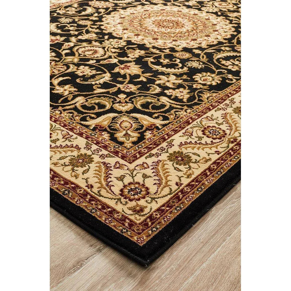 Sydney Collection Medallion Rug Black With Ivory Border