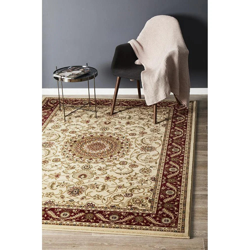 Sydney Collection Medallion Rug Ivory With Red Border
