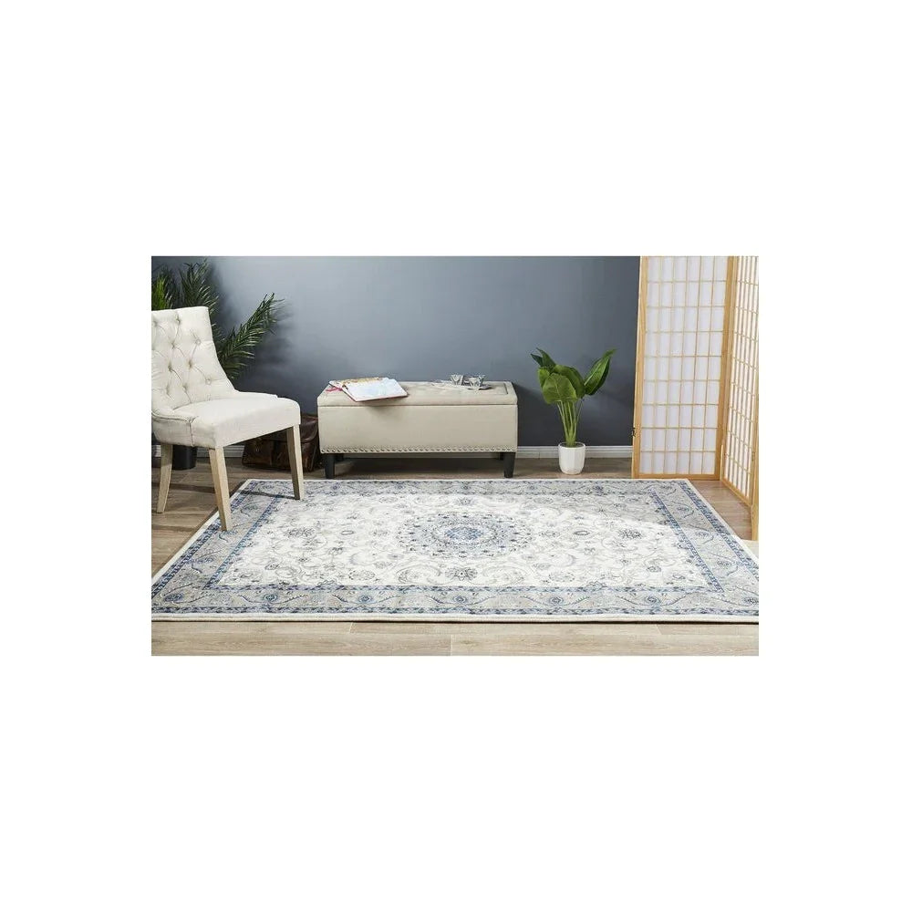 Sydney Collection Medallion Rug White With Beige Border