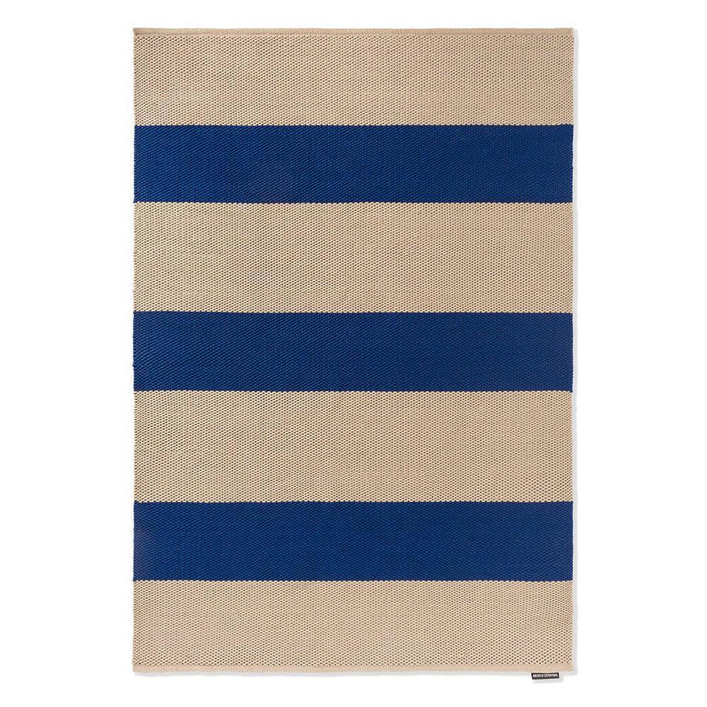 Brink & Campman Deck Electric Blue Outdoor Rug featuring bold horizontal stripes in electric blue and beige on white, machine-woven polypropylene