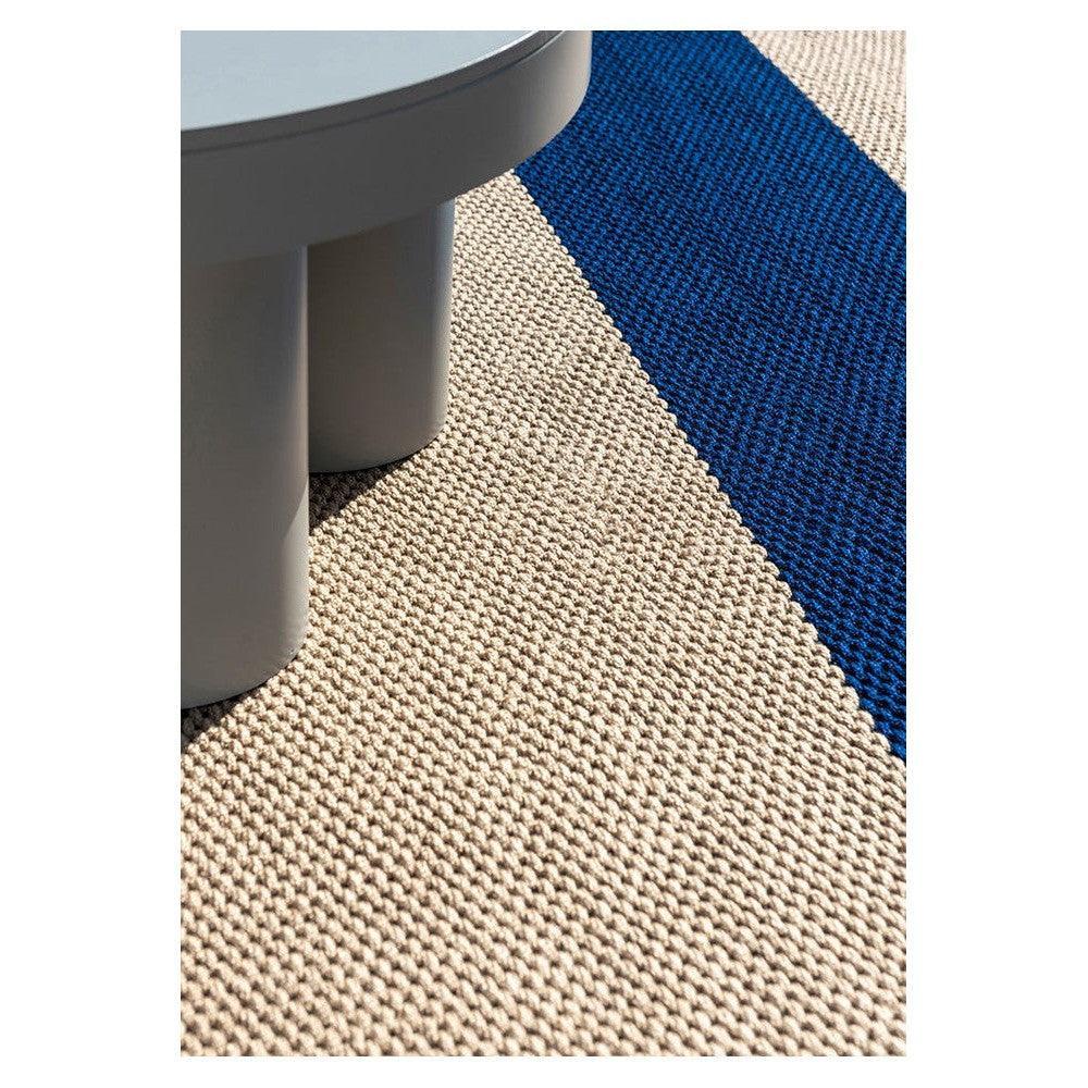 Brink & Campman Deck Electric Blue Outdoor Rug featuring stripe pattern in electric blue and sand beige on beige background, machine-made polypropylene
