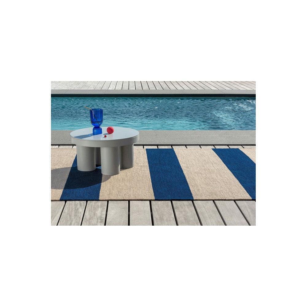 Brink & Campman Deck Electric Blue Outdoor Rug featuring striped pattern in electric blue and beige on beige background, outdoor woven polypropylene