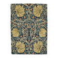 Morris & Co Pimpernel Indigo Rug featuring botanical floral pattern in antique gold, teal, sage green on deep navy, hand-tufted wool