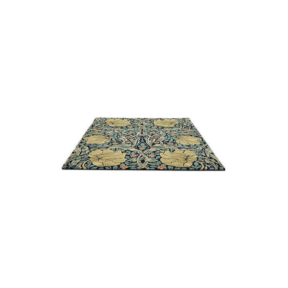 Morris & Co Pimpernel Indigo Designer Rug featuring botanical floral pattern in navy, beige-gold and sage green on indigo background, machine-woven wool