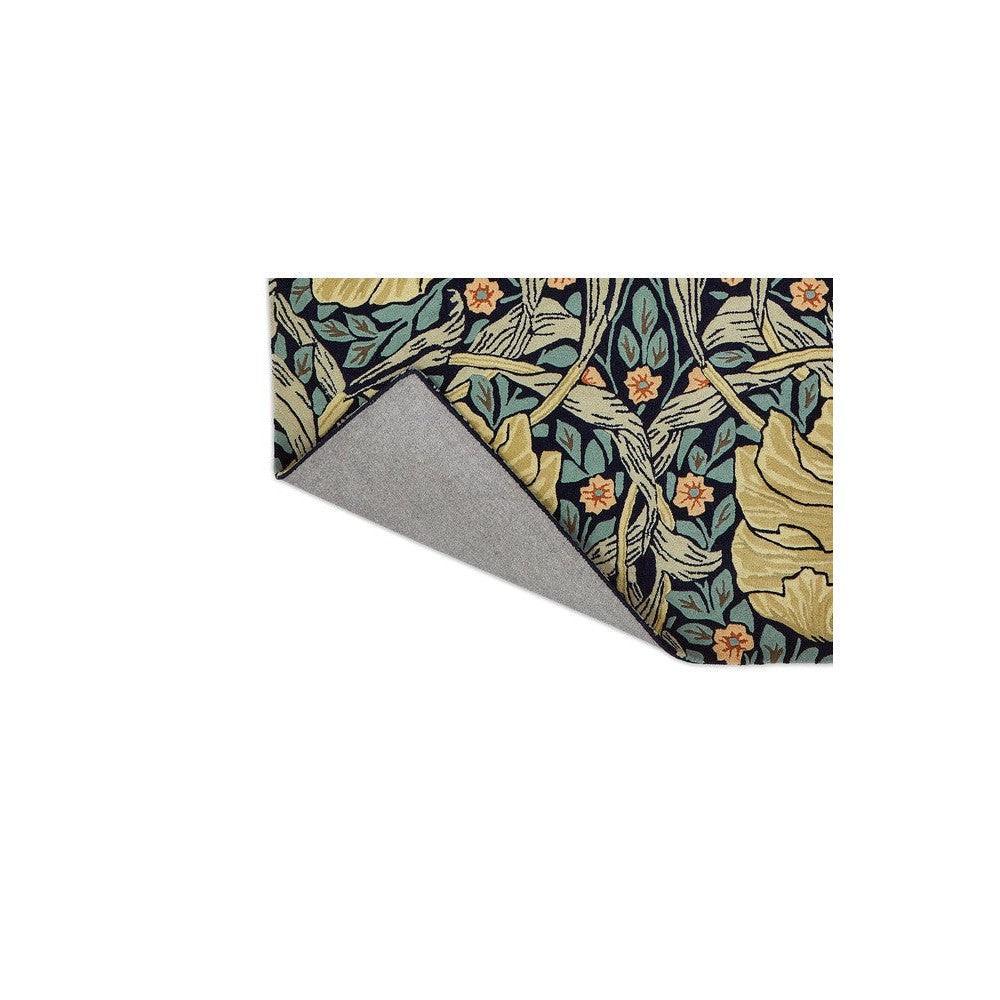 Morris & Co Pimpernel Indigo Designer Rug featuring botanical floral pattern in indigo, teal and mustard on navy background, hand-tufted wool