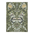 Morris & Co Bluebell Leafy Arbour Green Designer Rug featuring botanical leaves in olive, sage and cream on pale blue, hand-tufted wool