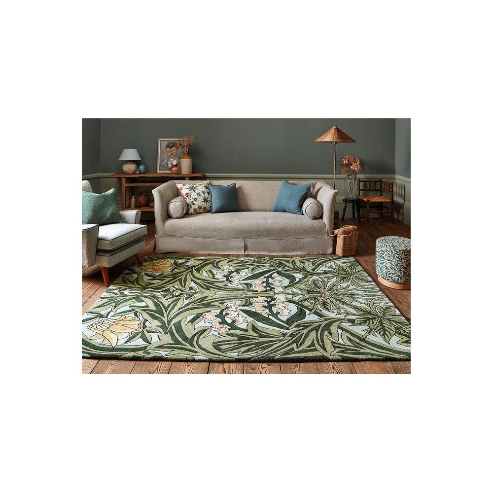 Morris & Co Bluebell Leafy Arbour Green Designer Rug