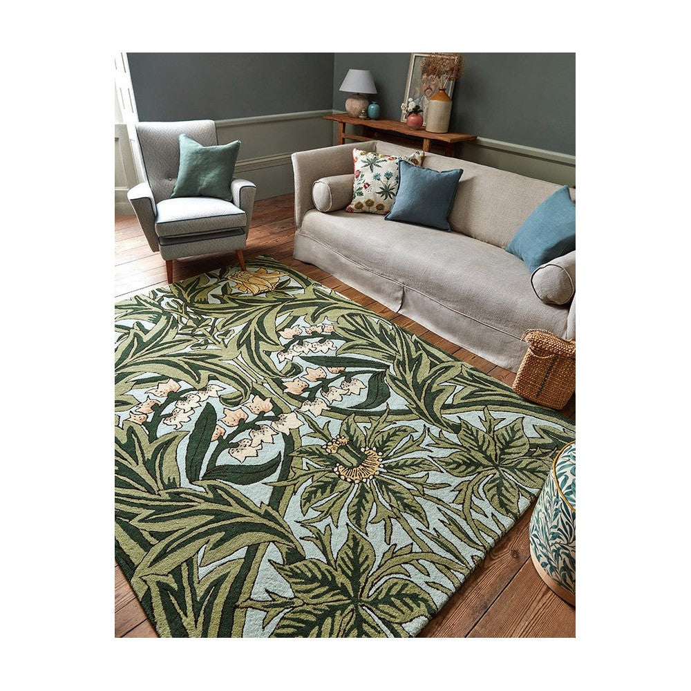 Morris & Co Bluebell Leafy Arbour Green Designer Rug