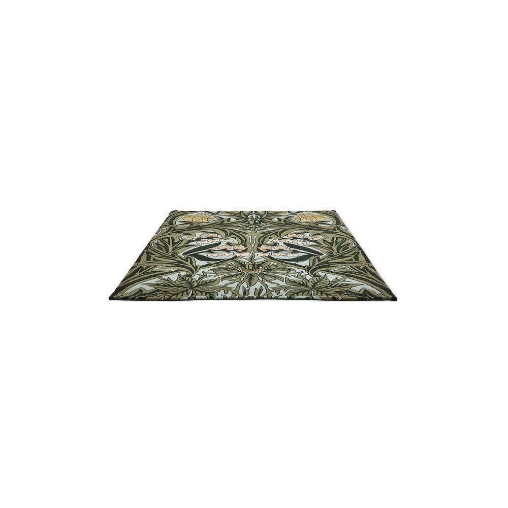 Morris & Co Bluebell Leafy Arbour Green Designer Rug featuring botanical leafy pattern in olive, sage and cream on pale background, hand-tufted wool
