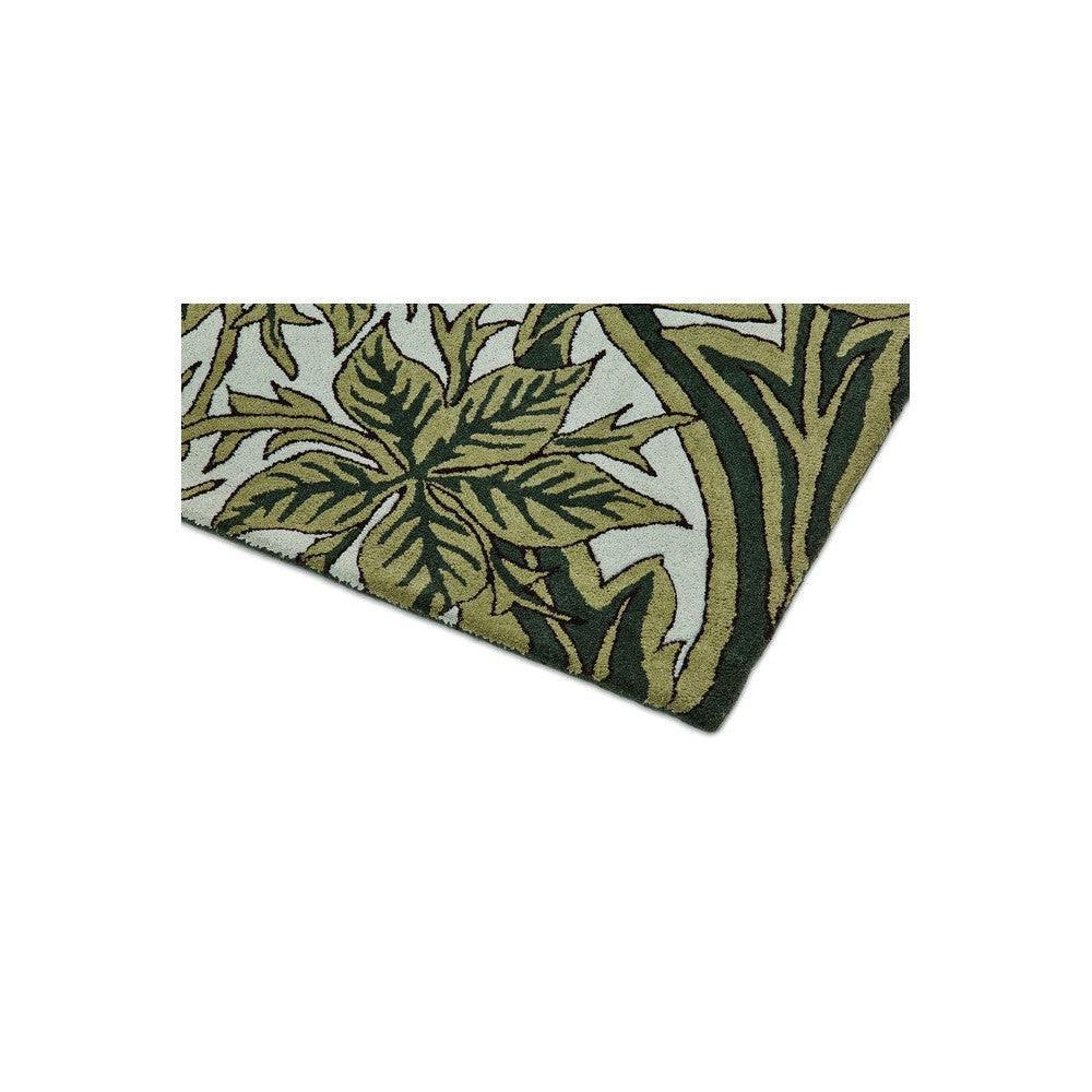 Morris & Co Bluebell Leafy Arbour Green Designer Rug featuring botanical leaf pattern in olive green, dark green and cream on ivory background, hand-tufted wool
