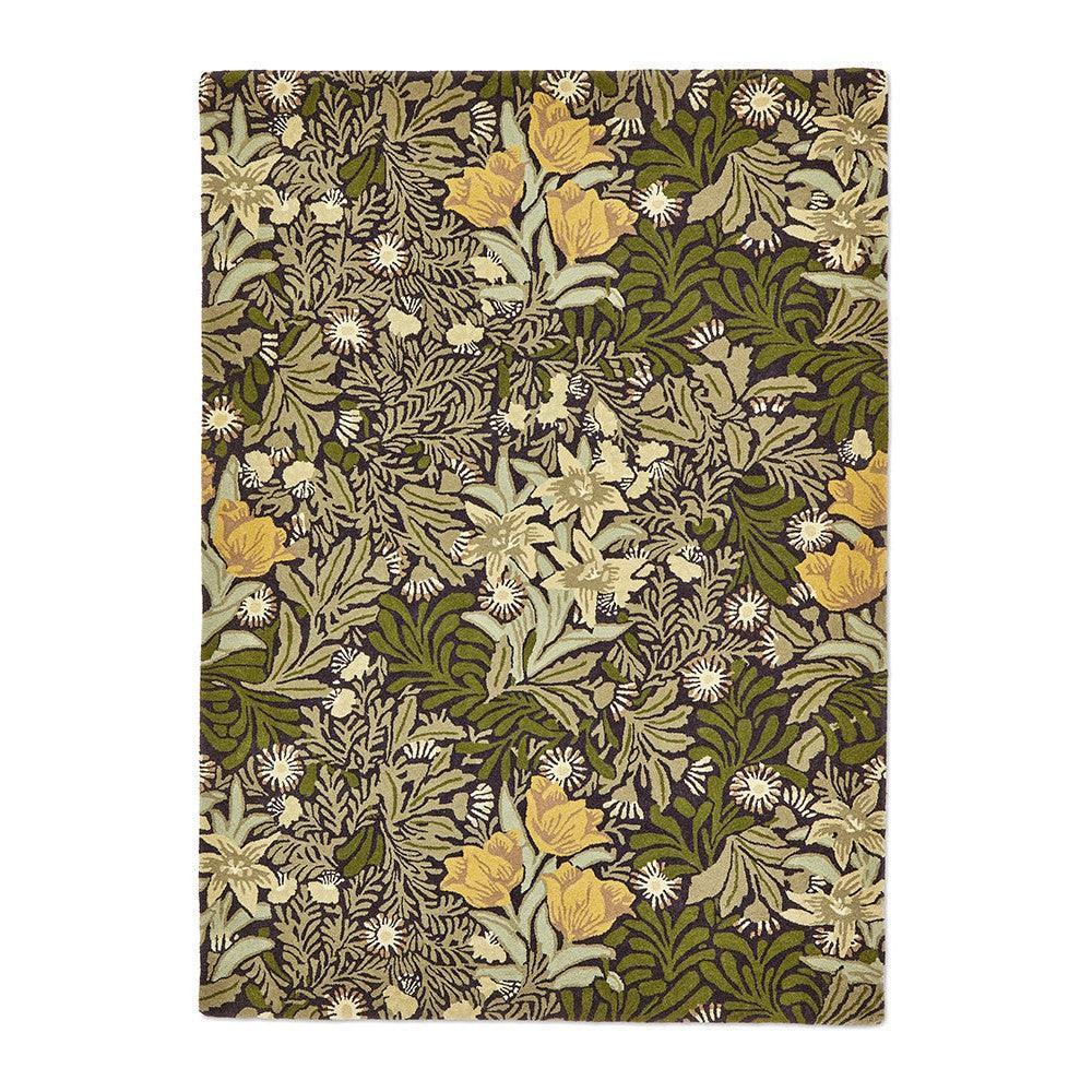 Morris & Co Bower Twining Vine Green Designer Rug featuring botanical vine pattern in olive, sage, cream, mustard on dark green, hand-tufted wool