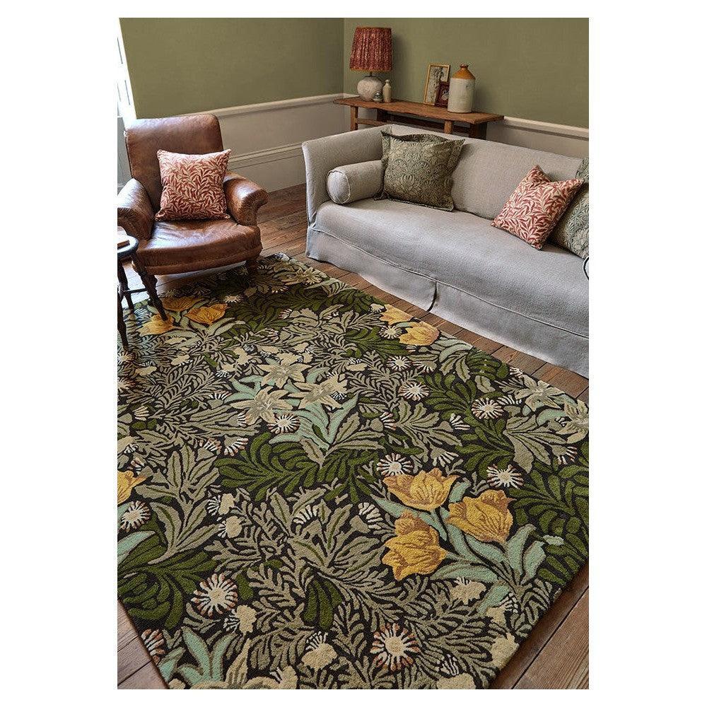 Morris & Co Bower Twining Vine Green Designer Rug featuring botanical vine pattern in olive, moss, sage and mustard on cream background, machine-woven wool blend