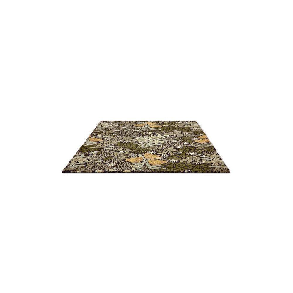 Morris & Co Bower Twining Vine Green Rug featuring botanical floral pattern in olive green, moss, cream and mustard on dark olive background, hand-tufted wool