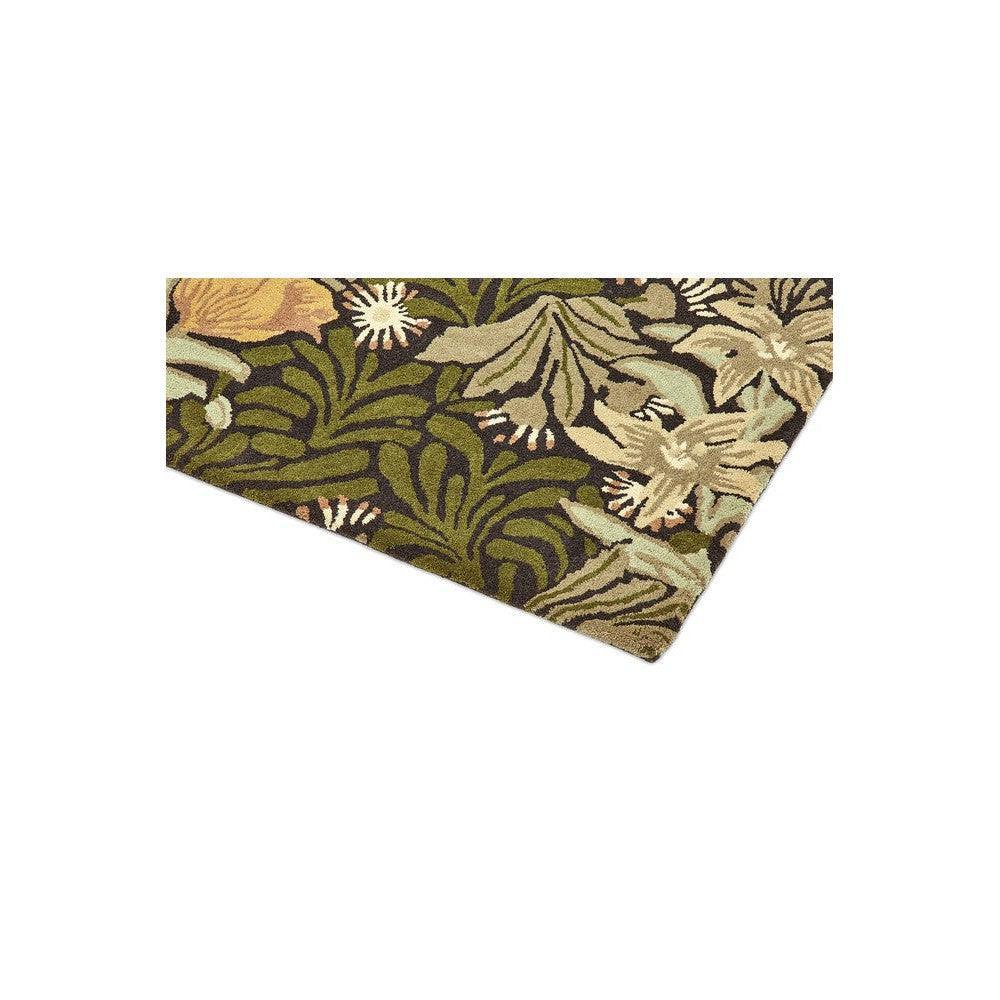 Morris & Co Bower Twining Vine Green Designer Rug featuring botanical vine pattern in olive green, sage, beige and cream on dark green background, machine-woven wool